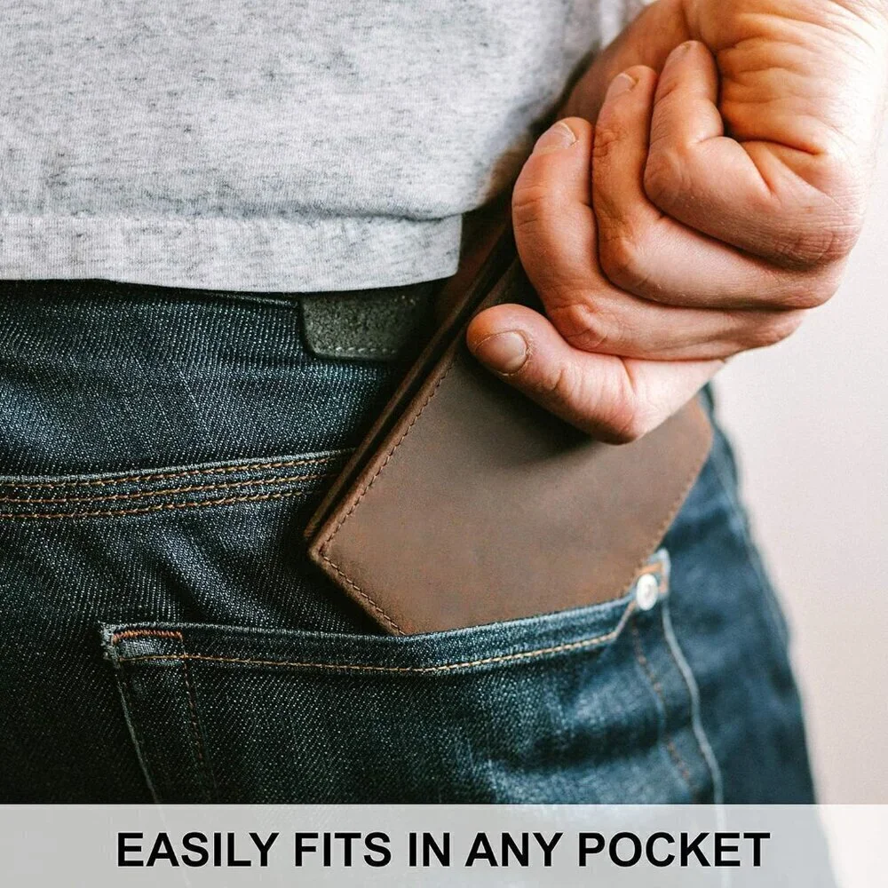 🆕Men Brown Top Grain Leather Extra Capacity Bifold Strong Stitching Wallet